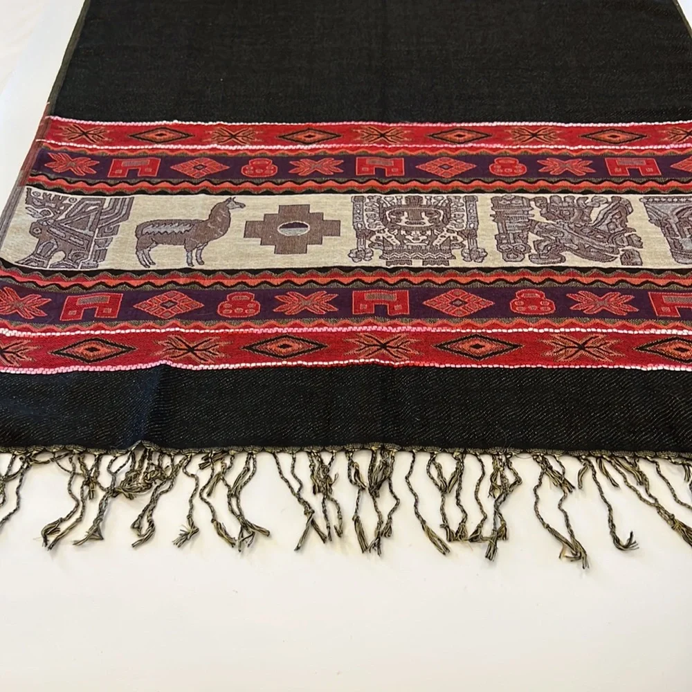 Printed scarf shawl with llama design in black red and green colors oversized